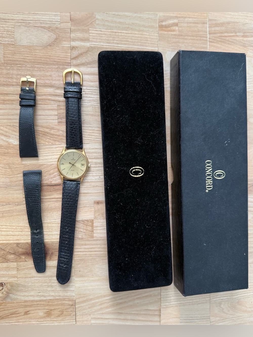 Concord Rare Vintage Watch in Original Box and Case Gold Dial Case Leather